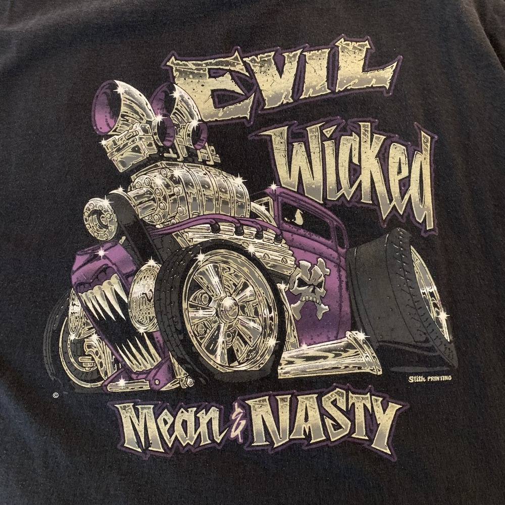 Vintage Evil Wicked Mean & Nasty Mens Black XL Tee Shirt Hot Rod Car Tee Cartoon